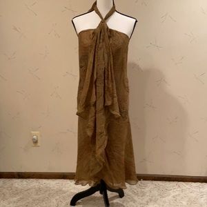 A paisley chiffon, halter dress.  Midi in length.